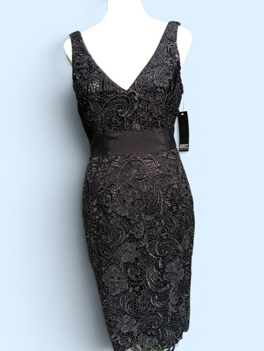 Adrianna Papell Black Lace V-Neck Midi Dress